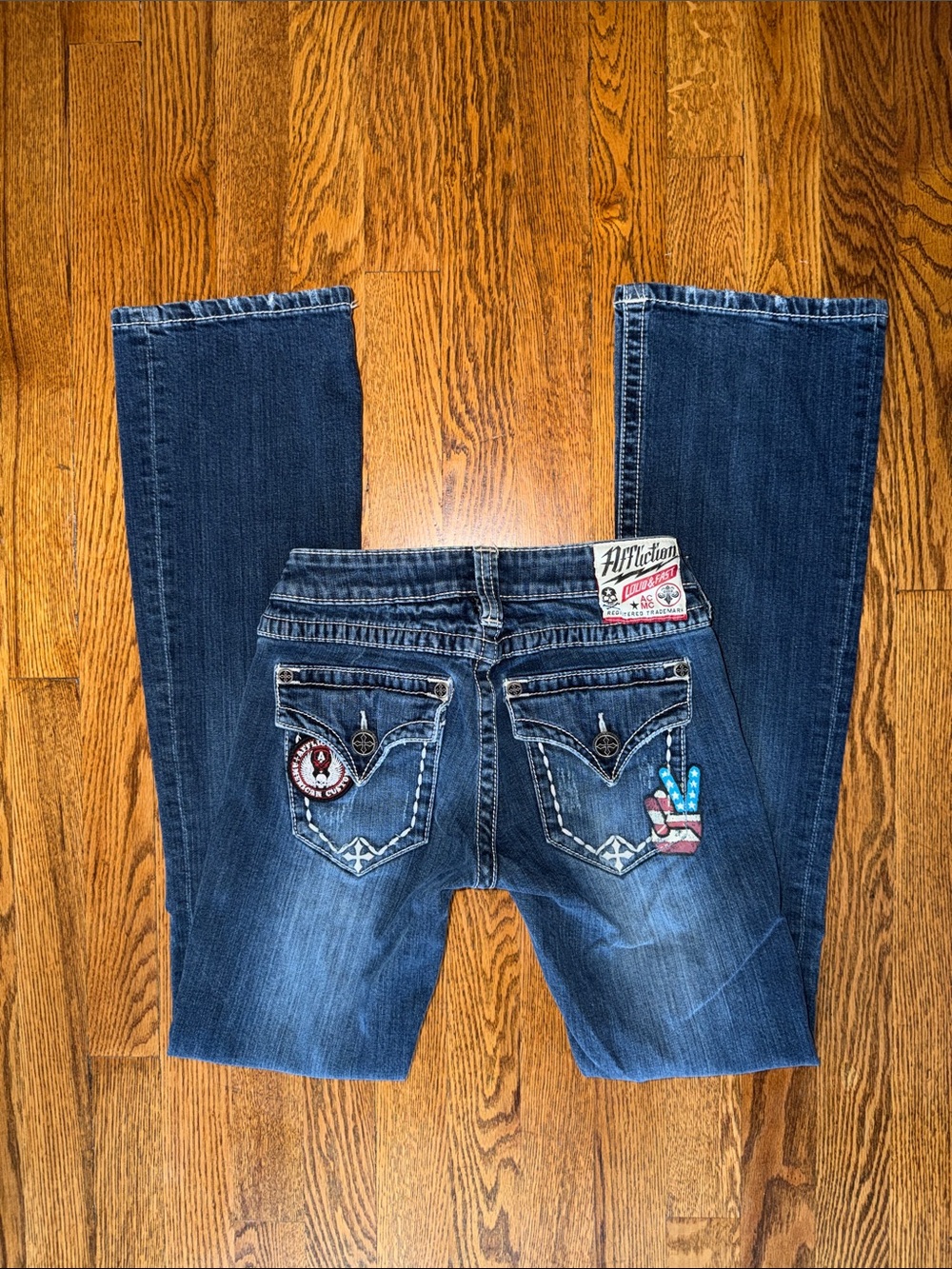Vintage Y2K Affliction Dark Blue Embroidered Patchwork Lowrise Boot Cut Jeans